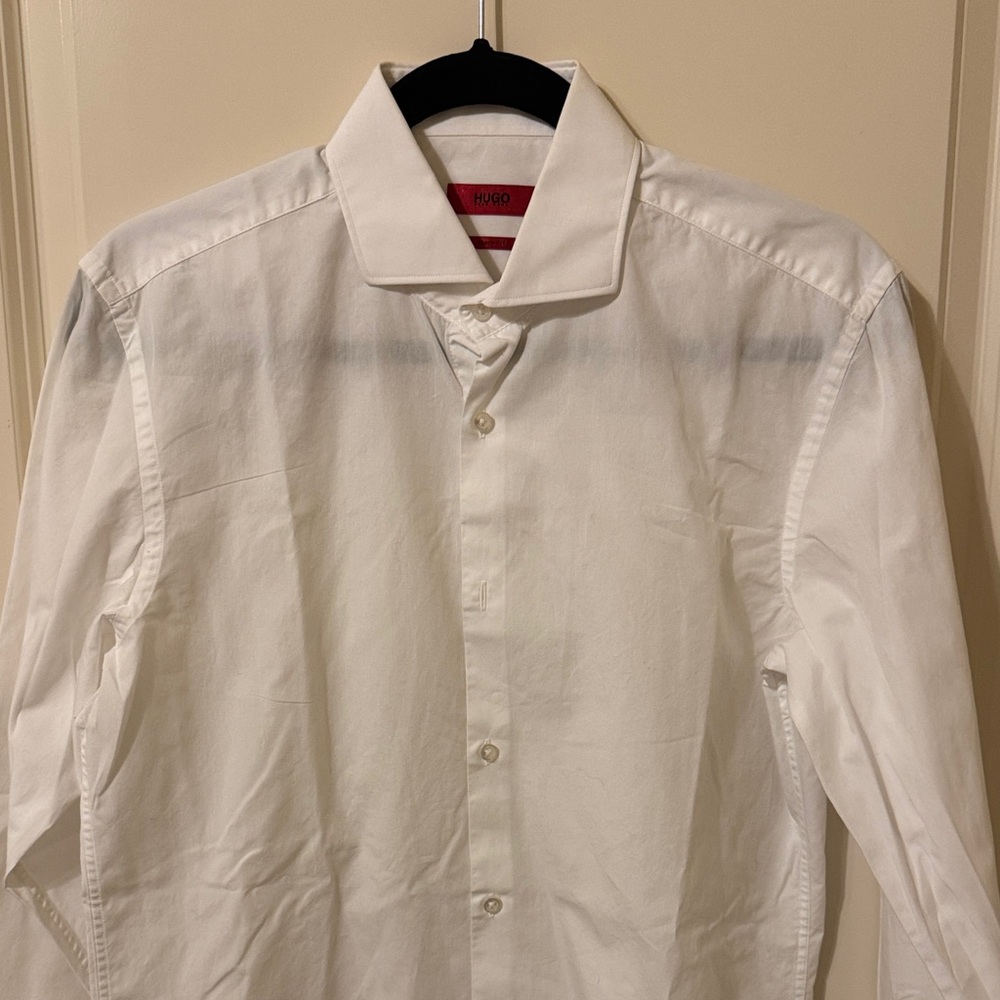 Hugo Boss Men's White Dress Shirt with Spread Collar